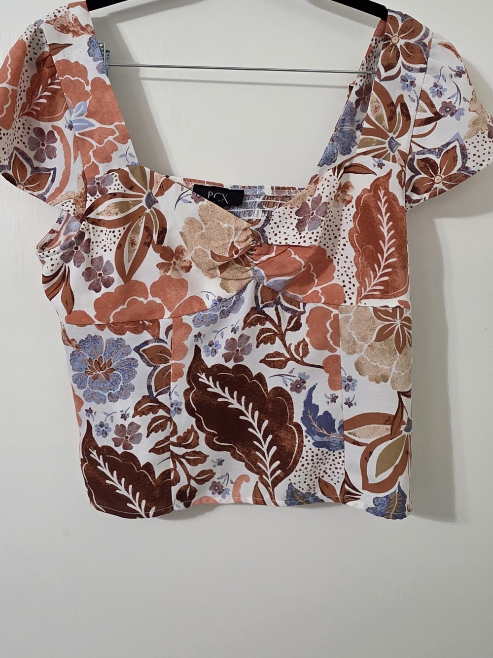 Floral Square-Neck Crop Top in Rust & Blue- BCX Large